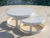 Stylish white marble-look outdoor coffee tables with metal frames, perfect for patio or poolside. Available at Taste Furniture Adelaide.