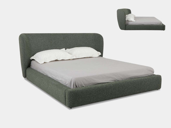 Miller Bed Frame with curved headboard, upholstered base, and plush texture in fabric upholstery.
