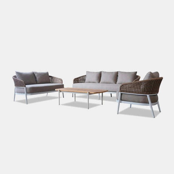 Como 6 Seater Outdoor Lounge Set with handwoven Viro Hyacinth wicker and powder-coated aluminum frame, featuring quick-dry foam cushions.