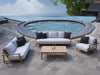 Bahama Outdoor Lounge Set by poolside with teak frame and Sunbrella cushions.