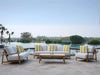 Bahama Outdoor Lounge Set by poolside with teak frame and Sunbrella cushions.