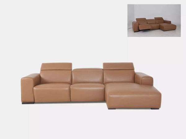 Pollock 4.5 Seater Recliner Sofa with Chaise in tan leather, featuring dual power recliners and chaise extension for ultimate comfort.