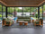 Burnside 6 seater outdoor lounge set with teak frames, green cushions and matching coffee tables