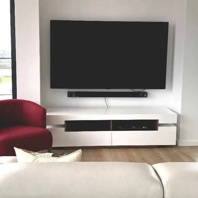 Sleek Amore TV Unit in American Walnut and Super White Italian finish, modern design.