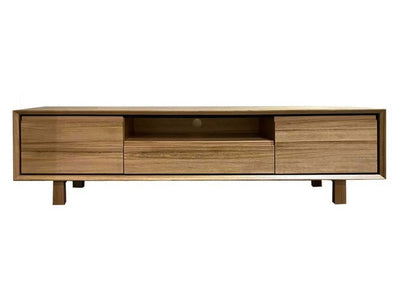 Baxter TV Unit made from Australian solid Messmate wood with natural timber finish, two drawers, and central shelf.