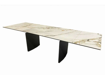 Ceramic extendable dining table with marble finish and powder-coated steel legs.