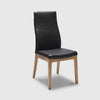 Derby Leather Dining Chair with light mocha leather and solid oak legs in clear finish.