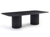 Lantone Dining Table in Black Oak finish with minimalist design and wide base.