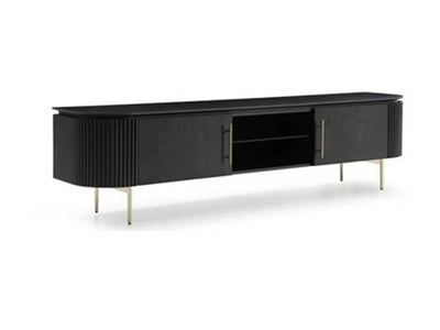 Lantone TV Unit in Black Oak with sleek design, open shelves, and modern metal legs.