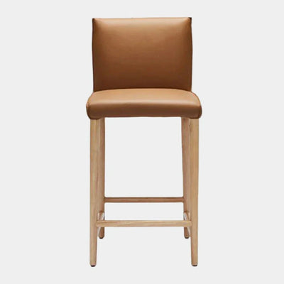 Marco Leather Bar Stool with tan leather and natural timber legs.