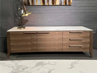 Porto Buffet with white marble ceramic top and American Black Walnut construction.