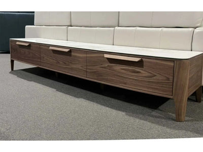 Modern Porto TV Unit with a sleek American Black Walnut frame and white marble ceramic top.