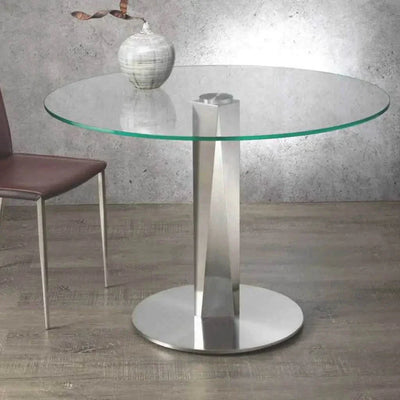 Round Prisma Dining Table with clear glass top and satin nickel brushed base.