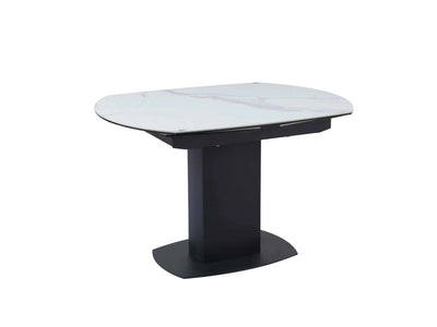 Soho Extendable Ceramic Top Dining Table with white marble finish and powder-coated steel base.