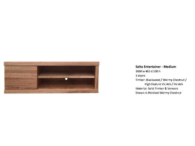 Salta TV Unit in medium size, crafted from solid timber and veneers, shown in polished Wormy Chestnut.