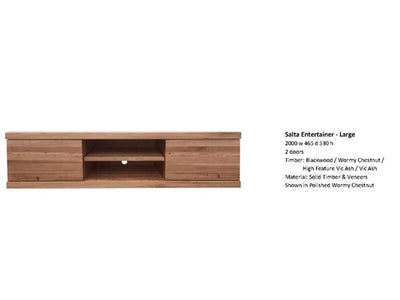 Salta TV Unit in large size, solid timber construction, shown in polished Wormy Chestnut with storage shelves and side compartments.