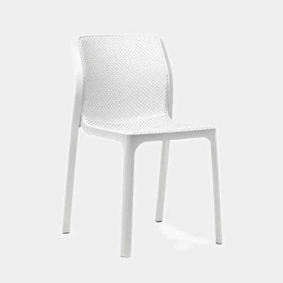 Aldo Outdoor Side Chair with modern silhouette and perforated backrest, made from fiberglass polypropylene resin.