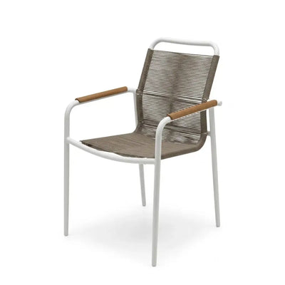 Amazone Outdoor Rope Dining Chair with powder-coated aluminum frame, teak arm trims, and synthetic rope seating for durable, comfortable outdoor dining