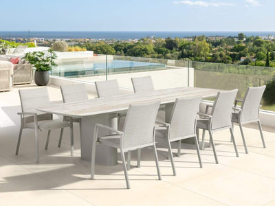 Amorelli Outdoor Ceramic Dining Table with sleek design and durable ceramic top on a powder-coated aluminum base, perfect for gatherings.