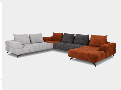 Apollo 6.25 Corner Sofa with Chaise in gray, black, and rust fabric, featuring quilted upholstery and sleek metal legs.