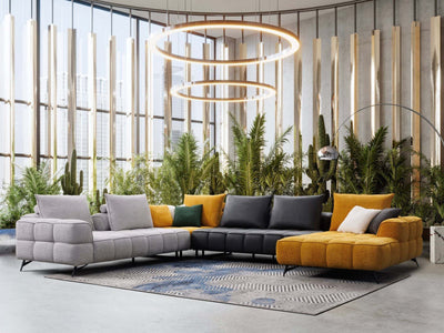 Apollo 6.25 Corner Sofa with Chaise in a modern living space with sleek metal legs, plush cushions, and quilted upholstery.
