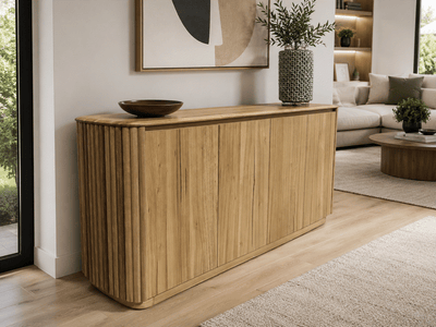 Ashford Buffet in Tasmanian oak with curved edges and fluted detailing for stylish storage