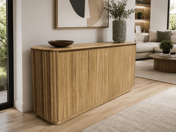 Ashford Buffet in Tasmanian oak with curved edges and fluted detailing for stylish storage