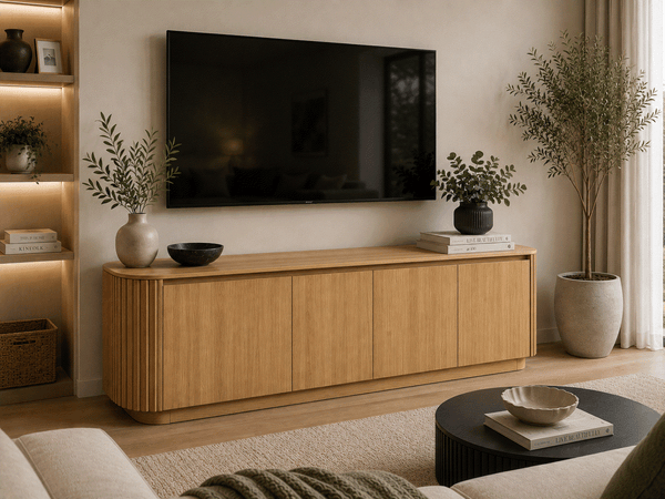 Ashford TV Unit minimalist Tasmanian Oak TV stand with concealed storage and rounded edges