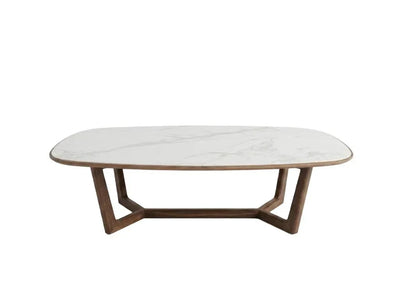 Aspen coffee table with walnut legs and white marble ceramic top, scratch and heat resistant, 1400x800x360 mm