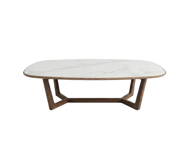 Aspen coffee table with walnut legs and white marble ceramic top, scratch and heat resistant, 1400x800x360 mm