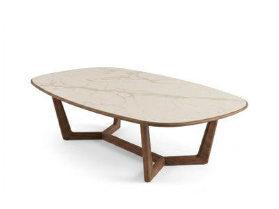 Aspen ceramic coffee table with white marble ceramic top and walnut legs, 1400x800x360 mm