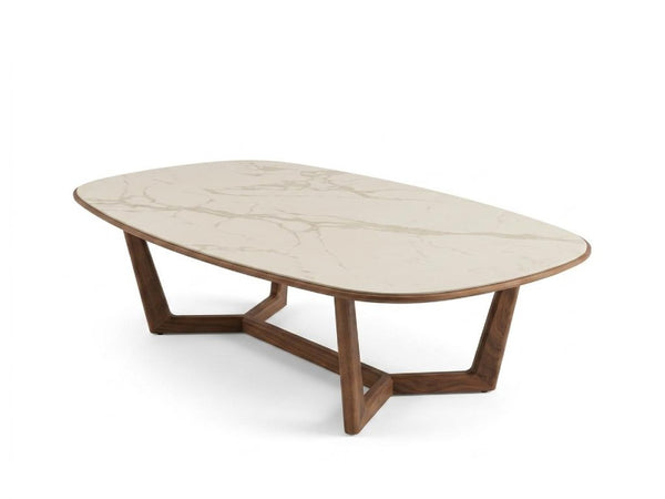 Aspen ceramic coffee table with white marble ceramic top and walnut legs, 1400x800x360 mm