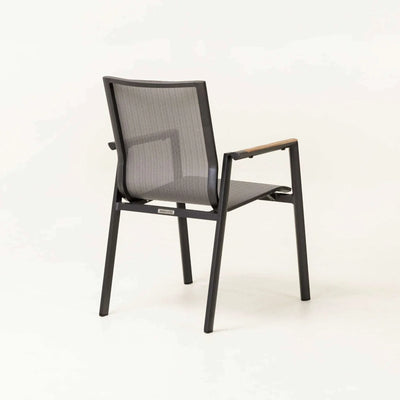 Aspen Outdoor Arm Dining Chair with charcoal powder-coated aluminum frame, sling seat, and teak armrests.