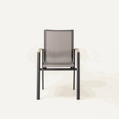 Aspen Outdoor Arm Dining Chair with powder-coated aluminum frame and teak armrests.