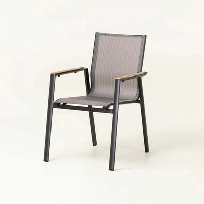 Aspen Outdoor Arm Dining Chair with powder-coated aluminum frame and teak armrests in charcoal color.