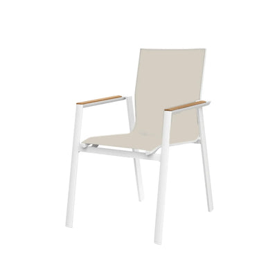 Aspen Outdoor Arm Dining Chair with powder-coated aluminum frame, sling seat, and teak armrests.