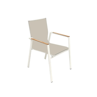 Aspen Outdoor Arm Dining Chair with powder-coated aluminum frame and teak armrests.