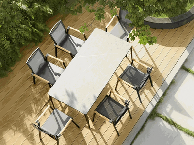 Aspen Outdoor Arm Dining Chair set on a wooden patio with a modern outdoor dining table.