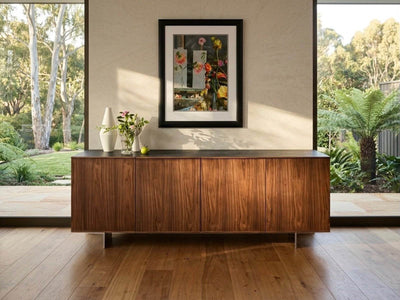 Athena Buffet with powder-coated matt black legs and Italian ceramic top option for modern dining rooms