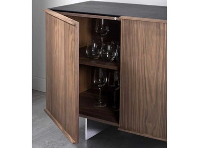 Athena Buffet with open wooden cabinet door showcasing glassware inside.