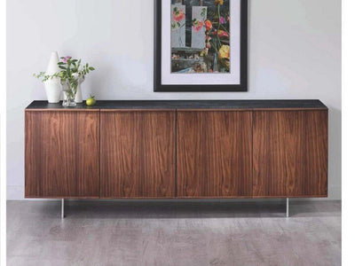 Athena Buffet with wood finish, sleek design, and artwork above.