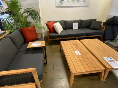 Clearance sale Atoll 3 piece outdoor sofa set with sooty cushions and wooden frame