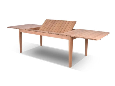 Extendable teak outdoor dining table made from A Grade teak with bolt-on legs in natural finish