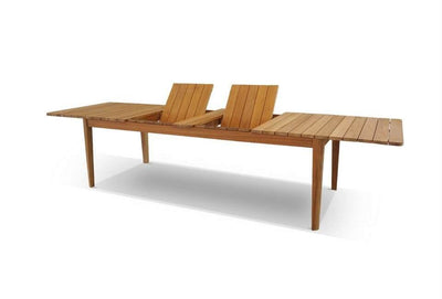 Extendable teak dining table for outdoor use, versatile and elegant.