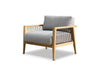 Tribu Outdoor Lounge 1 seater outdoor sofa with teak frame, rope detailing, and gray Sunbrella cushions