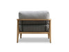 Tribu Outdoor Lounge 1 seater outdoor sofa with teak frame, rope detailing, and grey Sunbrella cushions viewed from the back