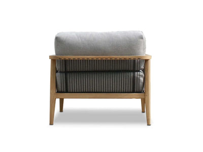Tribu Outdoor Lounge 1 seater outdoor sofa with teak frame, rope detailing, and grey Sunbrella cushions viewed from the back