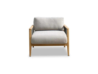 Tribu Outdoor Lounge 1-seater outdoor sofa with teak frame and gray Sunbrella cushions