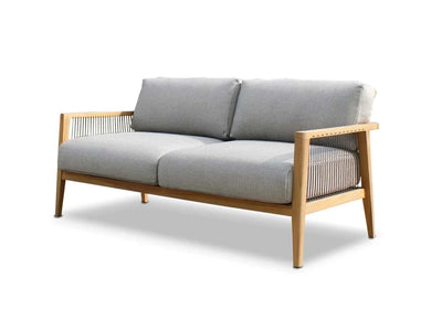 Tribu Outdoor Lounge 2 seater outdoor sofa with teak frame, rope detailing, and grey Sunbrella cushions