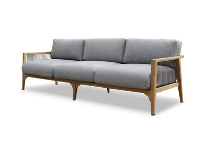 Tribu Outdoor Lounge 3 seater outdoor sofa with teak frame, woven rope sides, and gray Sunbrella cushions